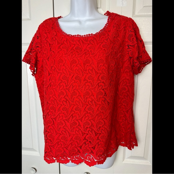 TALBOTS Red Lace Crochet Eyelet Blouse Top Shirt Short Sleeve Scoop Neck Plus - Picture 2 of 12